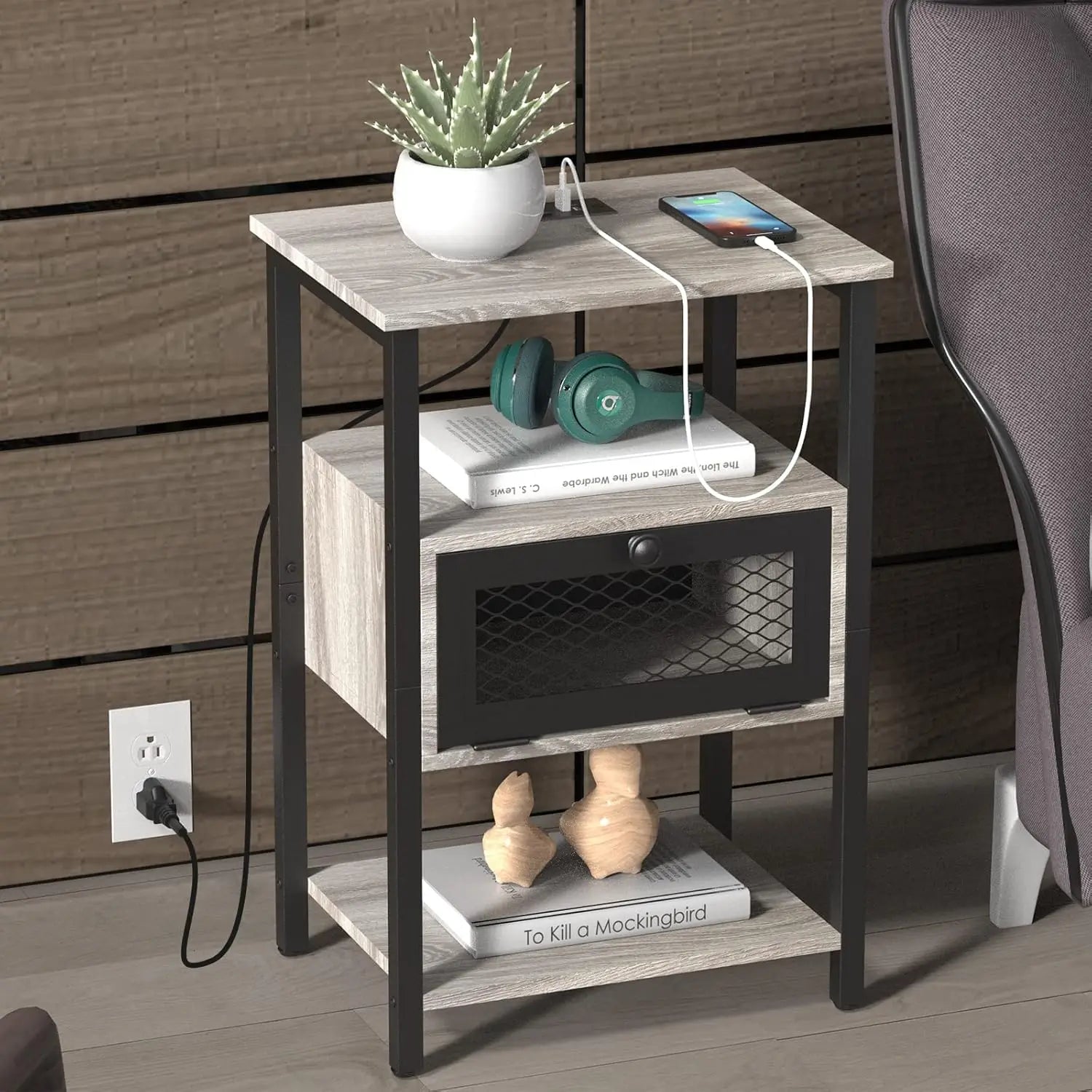 Bedside table 2-piece set with charging station suitable for bedroom living room side storage drawer - white / united