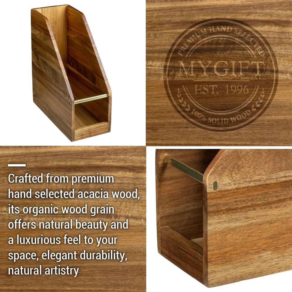 Solid acacia wood vertical magazine file holder with brass accents for office desk - united states