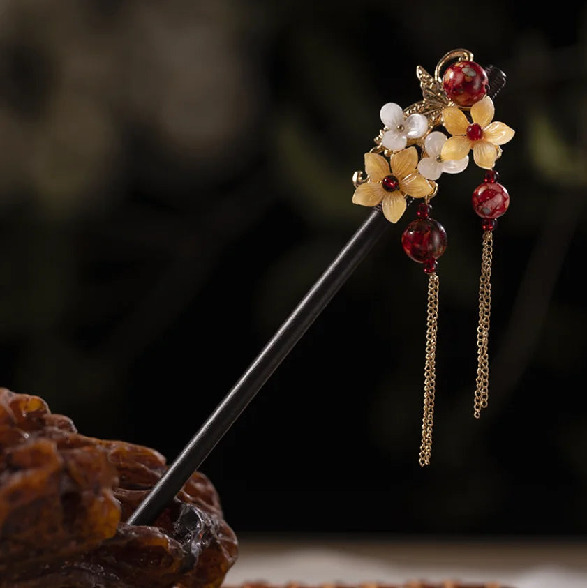 Wood tassel step shaking hairpin chopstick hair stick ancient ornament pan headdress flower styling accessories gifts