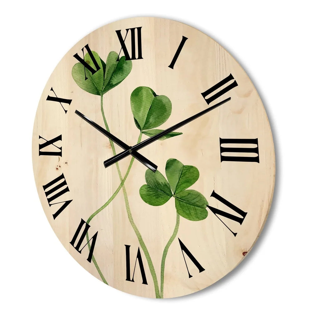 Farmhouse wood wall clock field green clover print natural pine art ready to hang unique design home office decor