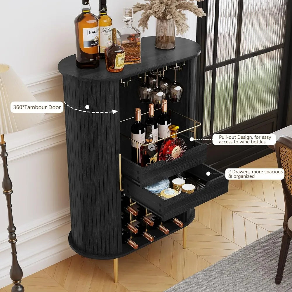 Wooden wine bar cabinet with tambour door 16-bottle rack glass stemware holder coffee station liquor storage - black