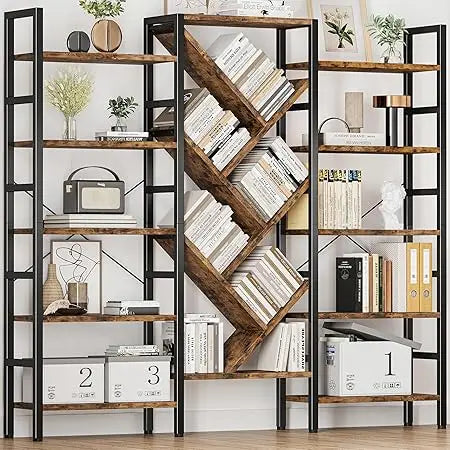Large industrial-style tall bookshelf with storage cabinet & open shelves - united states / brown