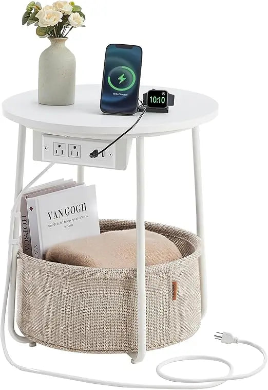 Vasagle side table with charging station round end fabric basket nightstand power outlets usb ports for livi - matte