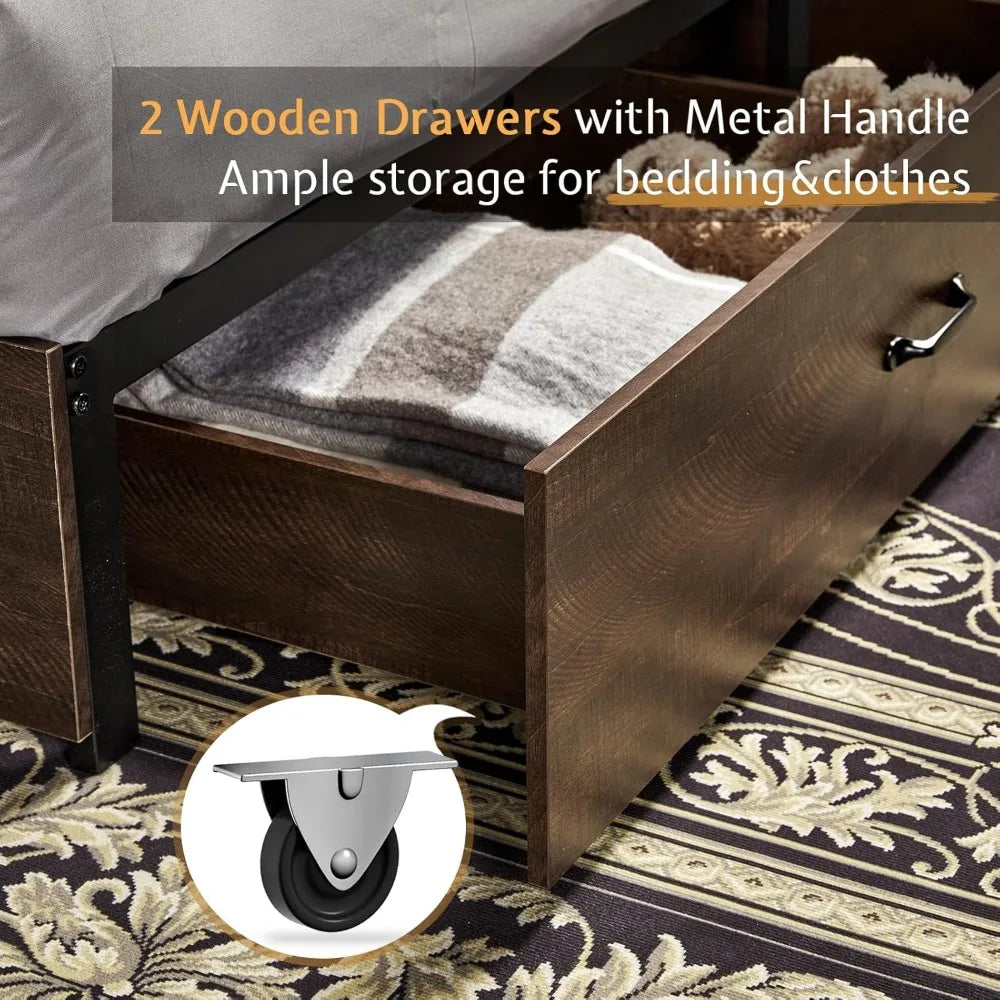 Vanacc queen size bed frame wooden platform storage with 51.2’’ bookcase headboard 2 drawers charging station/no box