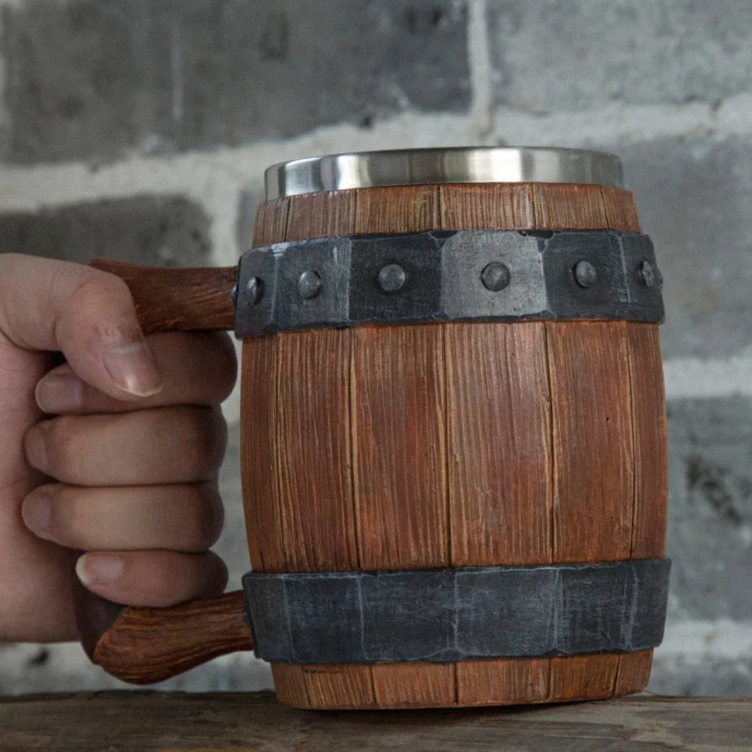 Viking retro beer mug resin 304 stainless steel imitation wood coffee cup double wall jug water barware men’s gift