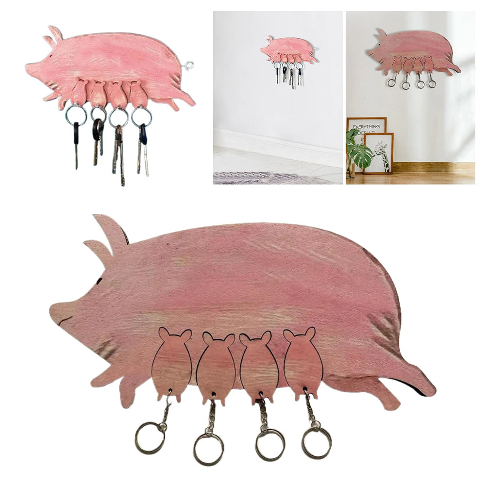 Piggy key ring wooden hanging board decorative chain pendant creative pig wall hook for home decoration