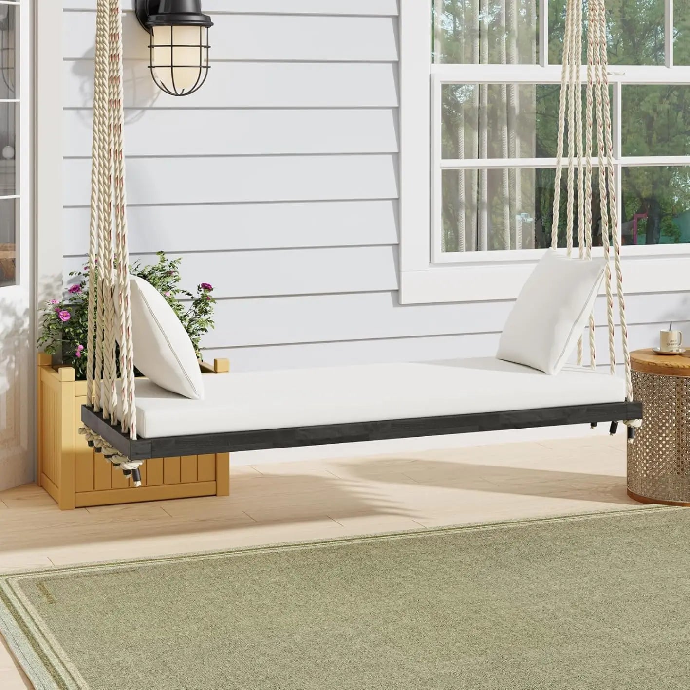 Acacia wood porch swing bench with cushion & pillows 63’ outdoor hanging for 2 adults rustic 10.8ft ropes white