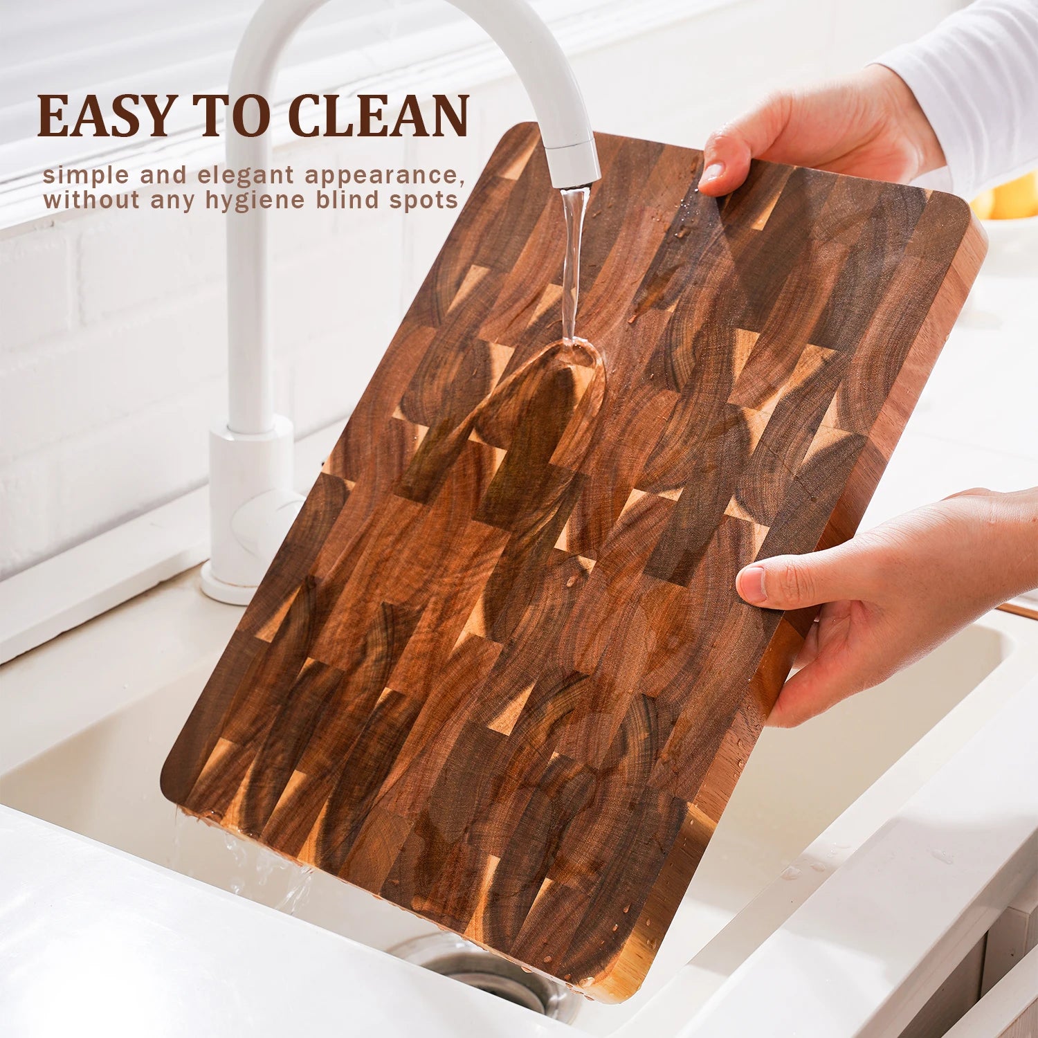 High quality 15 inch rectangular cutting board end grain acacia wood chopping with side handle - 390x275x25mm