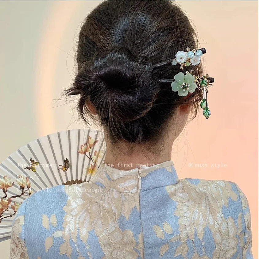 Retro flower hair forks long tassels wooden sticks pearls bead step shake chinese wedding bridal hairpins clips jewelry