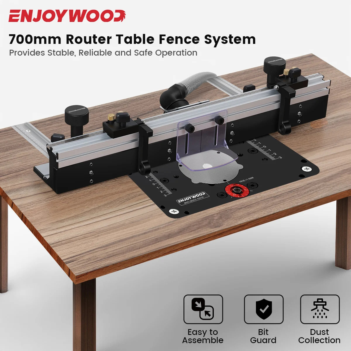 Enjoywood 700mm woodworking router table fence aluminium alloy profile with 300mm t-track sliding brackets bit guard