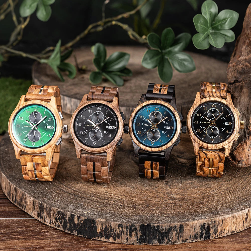 Bobo bird men watches 44mm luxury quartz watch lightweight wooden case and straps for casual support customize gift box