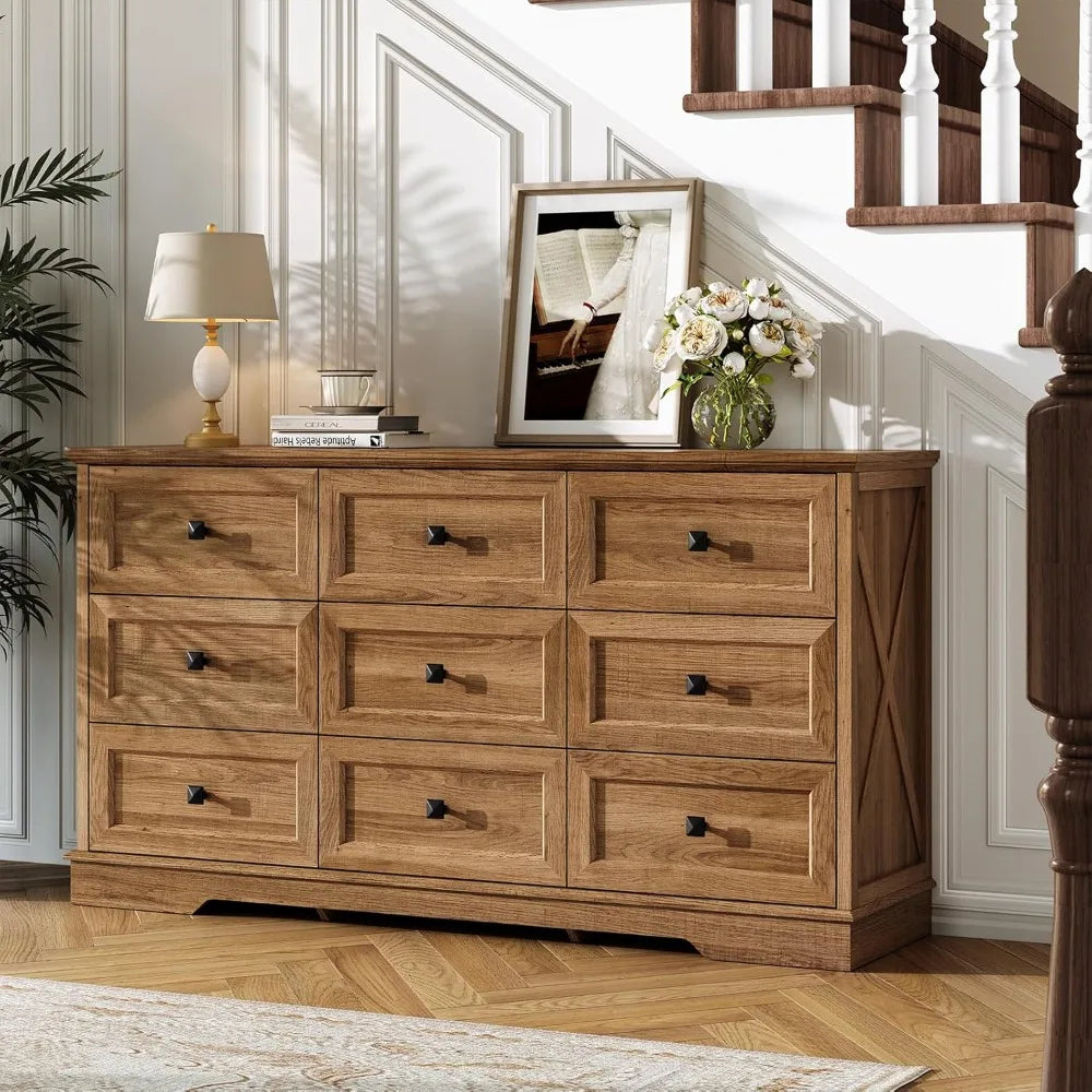 Farmhouse 9 drawer dresser dressers chest of for bedroom organizer storage 59’’ wide wood