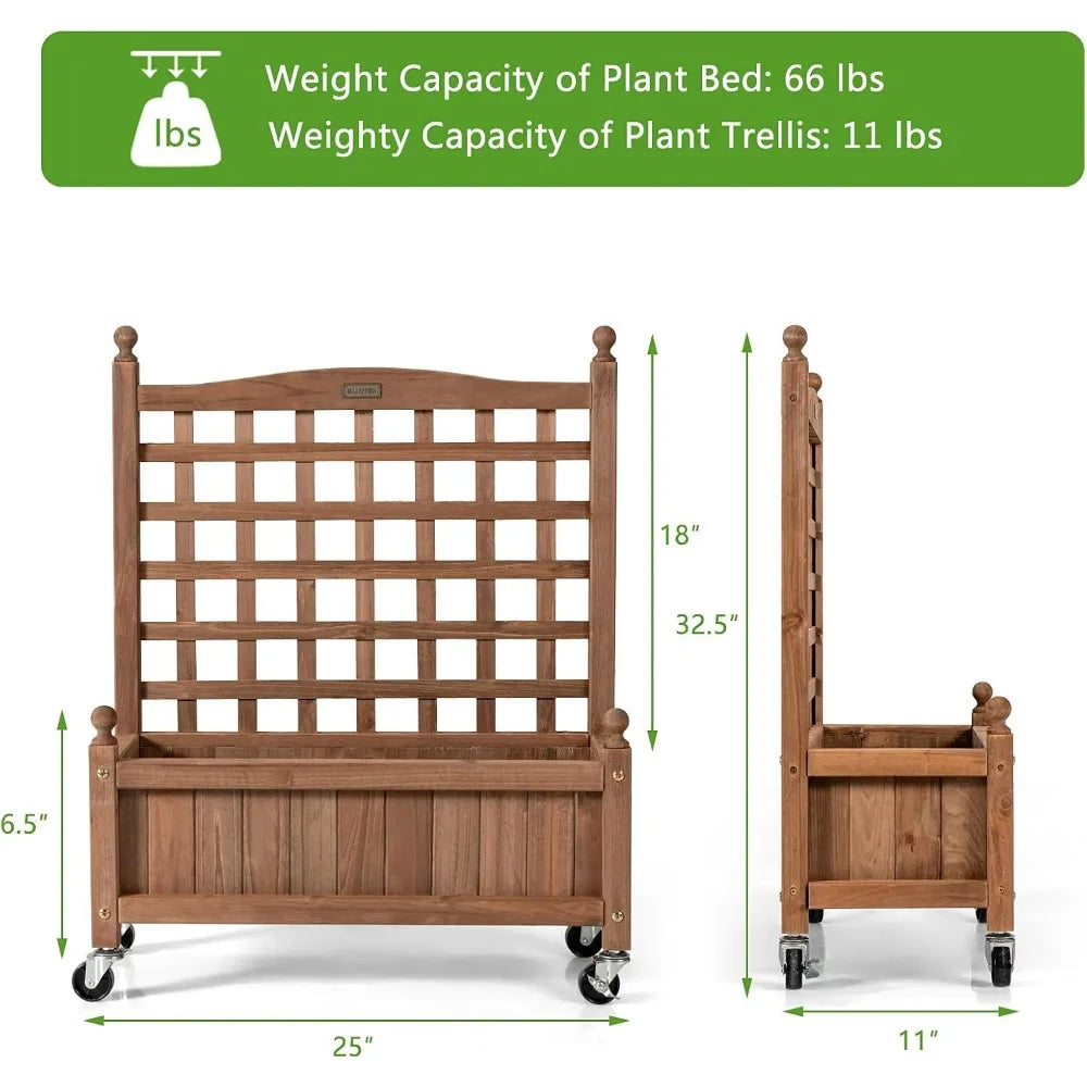 Giantex set of 2 mobile plant raised bed wood planter with lattice trellis and wheels flower box for climbing vertical