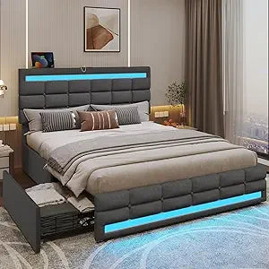 Adorneve queen bed frame with led lights leather platform storage drawers and charging station siz - dark grey / united