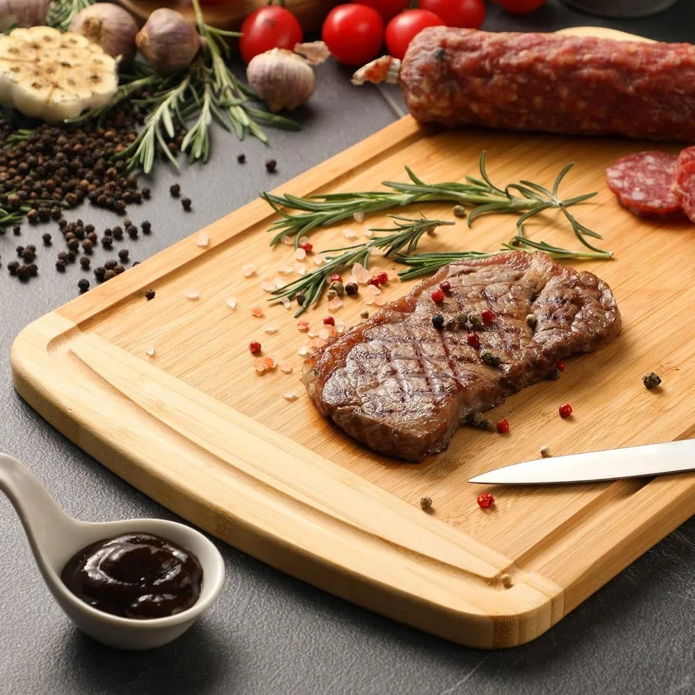 Large wooden cutting board for kitchen meal prep & serving - bamboo boards with juice groove side handles charcuterie
