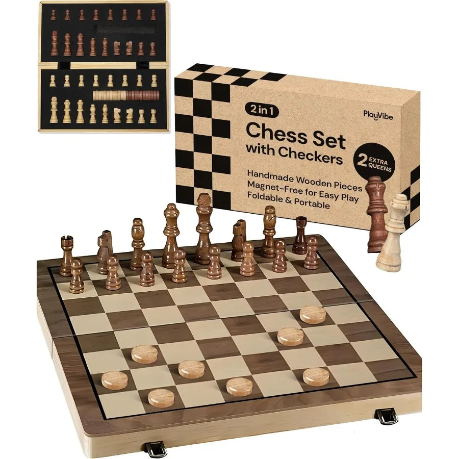 Handmade classic wooden chess set 15’’ with checkers board games for all players including 2 extra queens portable