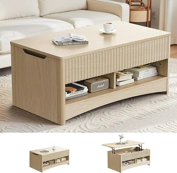 Amada coffee table fluted lift top 35.2’’ wood with storage shelf & hidden compartment modern rectangle center