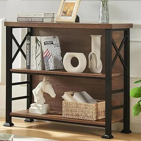Hombazaar book shelf,3 tier small bookshelf with metal frame and backboard,rustic brown deep bookcase engineered wood