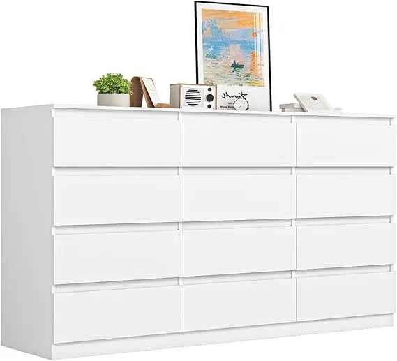 White dresser for bedroom,modern long 12 drawer with deep drawer,wood storage chest of bedroom organizer - white