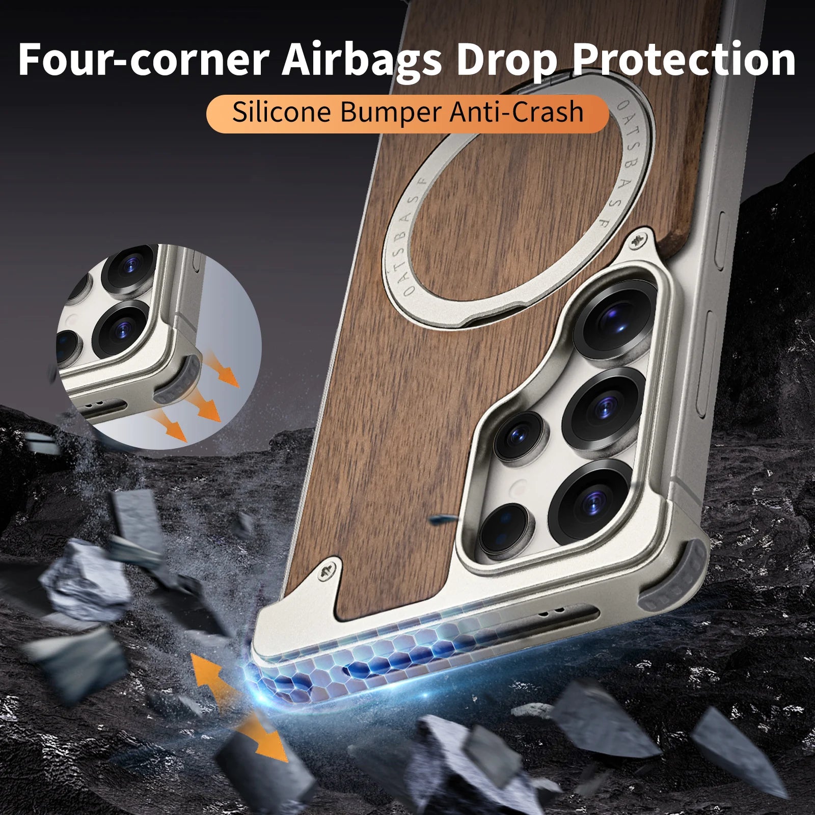 Oatsbasf wood phone case for samsung galaxy s25 s24 ultra with stand 360° rotatable magsafe bumper bezel-less