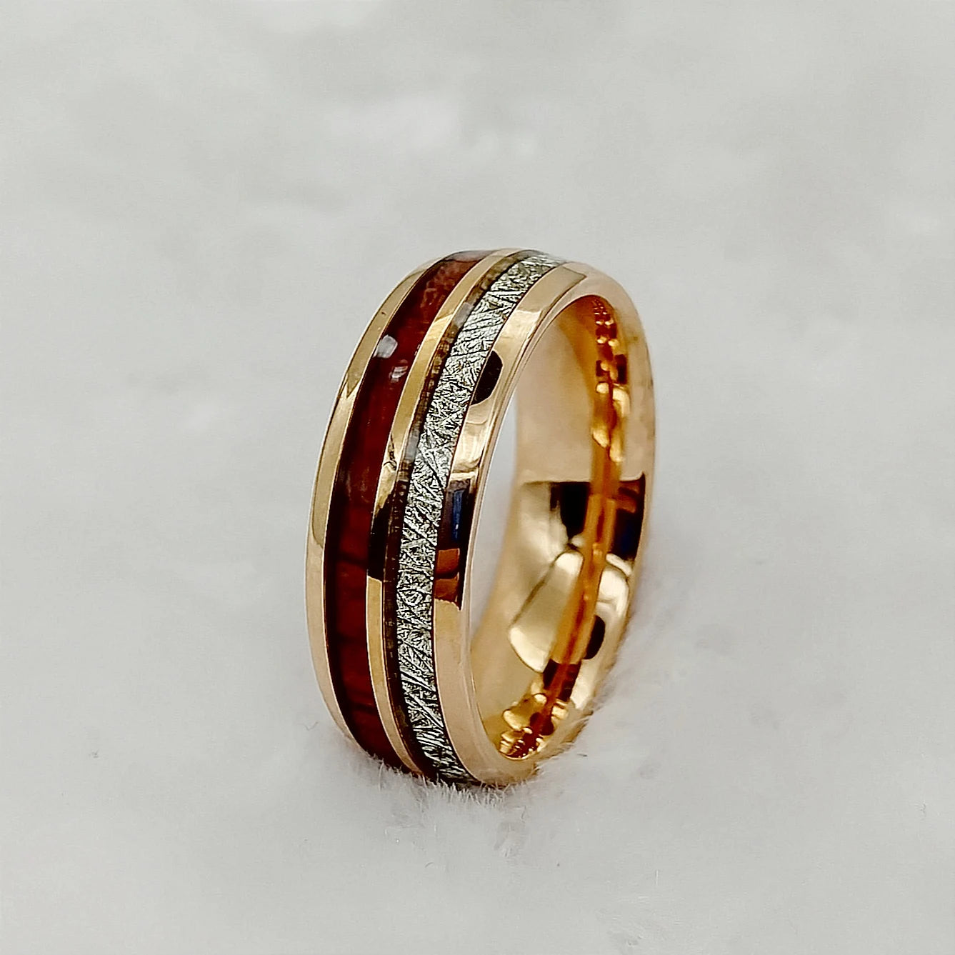 Designer high quality koa wood meteorolite 18k rose gold plated tungsten jewelry wedding band fashion rings for men