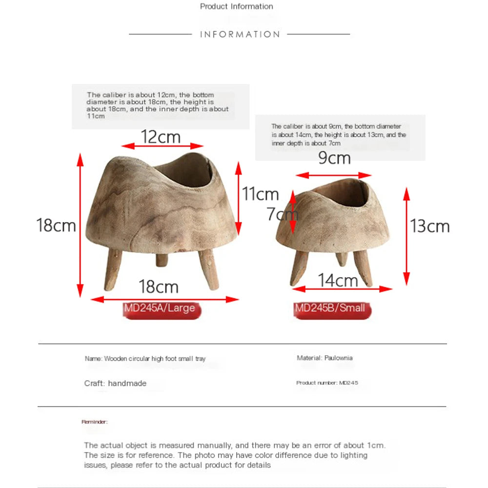 Paulownia wooden round high foot small tray snack plate retro old countryside style living room tea table sugar fruit