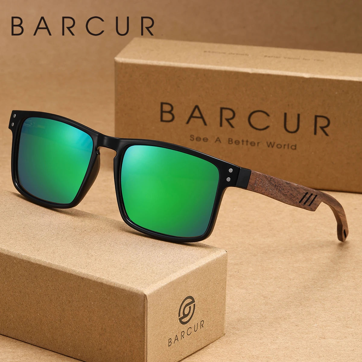 Barcur men wooden mirror foot sunglasses travel self driving beach photography polarized box frame women glasses gift