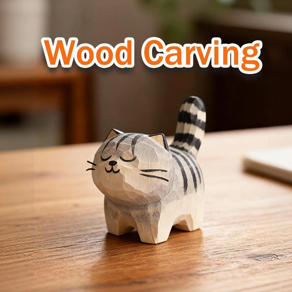 Christmas decoration cat figurine unique handmade wood carving cat ornaments kitten sculpture decor for home office