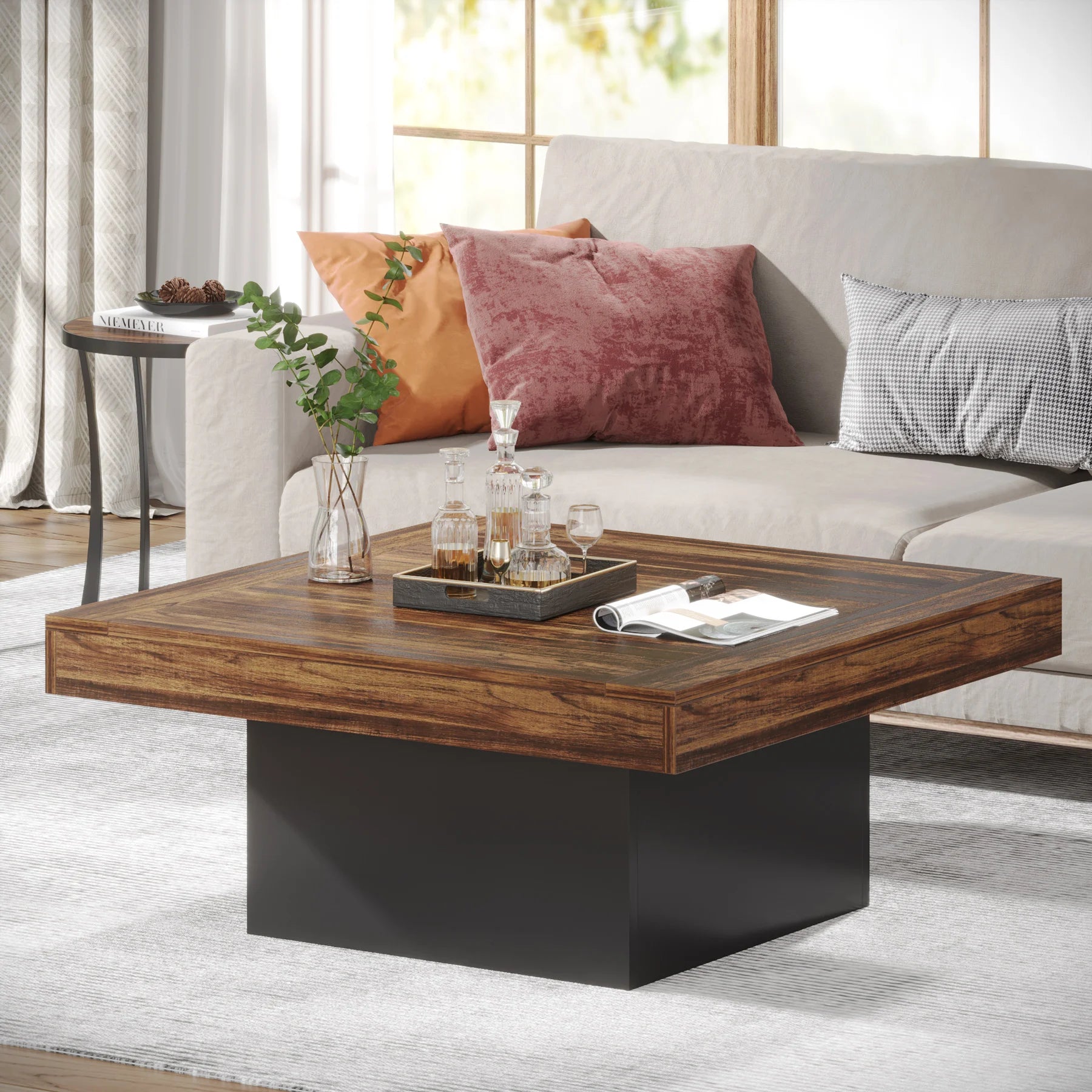 Tribesigns coffee table square led engineered wood low for living room rustic brown & black - united states