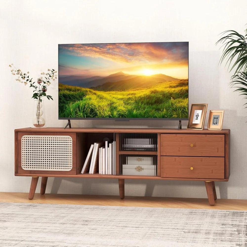 Mid century modern bamboo tv stand with glass and rattan sliding doors for tvs up to 65’’ - natural / united states