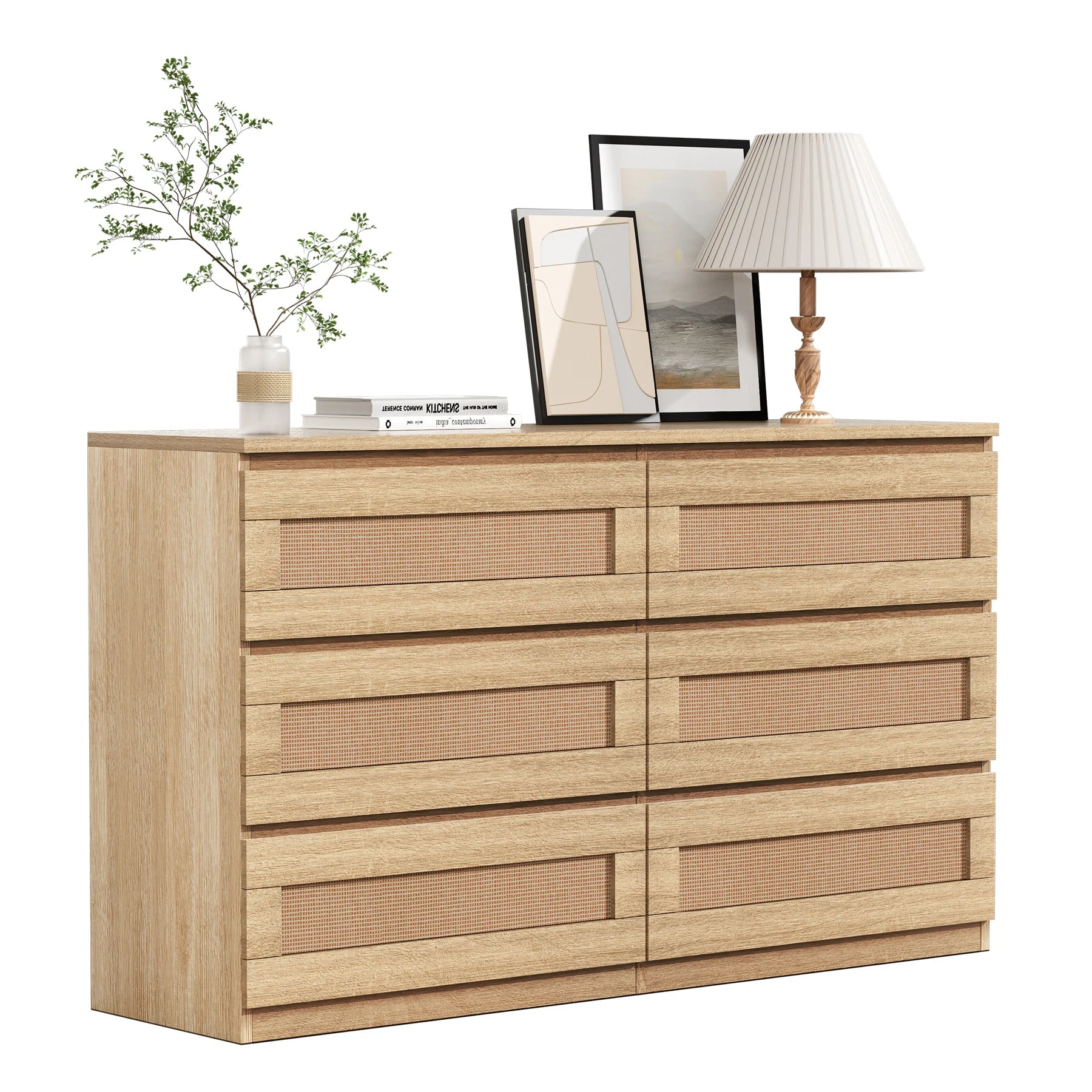 Rattan dresser for bedroom 6 drawer modern wide chest of drawers with anti-tip kit wood storage