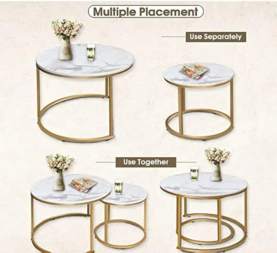 Coffee table nesting white set of 2 side golden frame circular round and marble pattern wooden tables living room