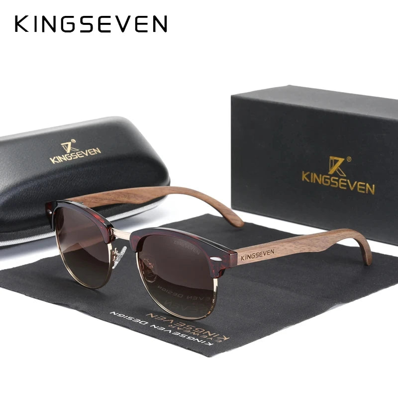 Kingseven new walnut wooden sunglasses for men polarized semi-rimless glasses uv400 eye protection retro eyewear women