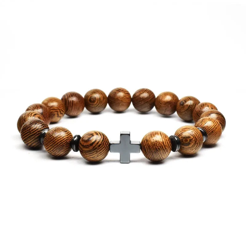 Cross bracelet men’s religious rosary wooden beads popular jewelry christian crucifixes decoratio frosted stone beaded