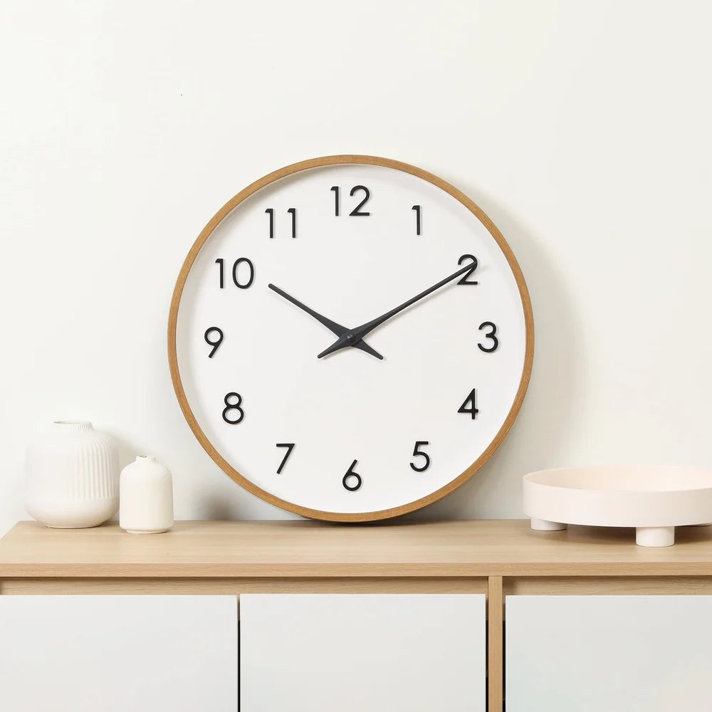 20 inch modern quartz wall clock with raised numerals easy installation warm wood grain finish durable design home