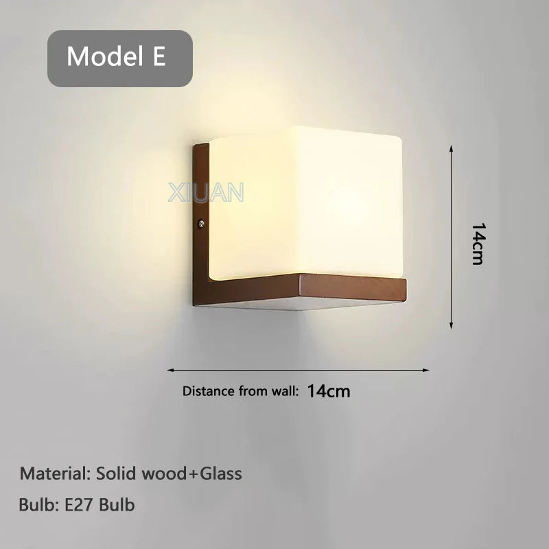 Walnut color wood wall lamp led e27 bulb bedroom bedside light for living room study stair corridor entrance indoor