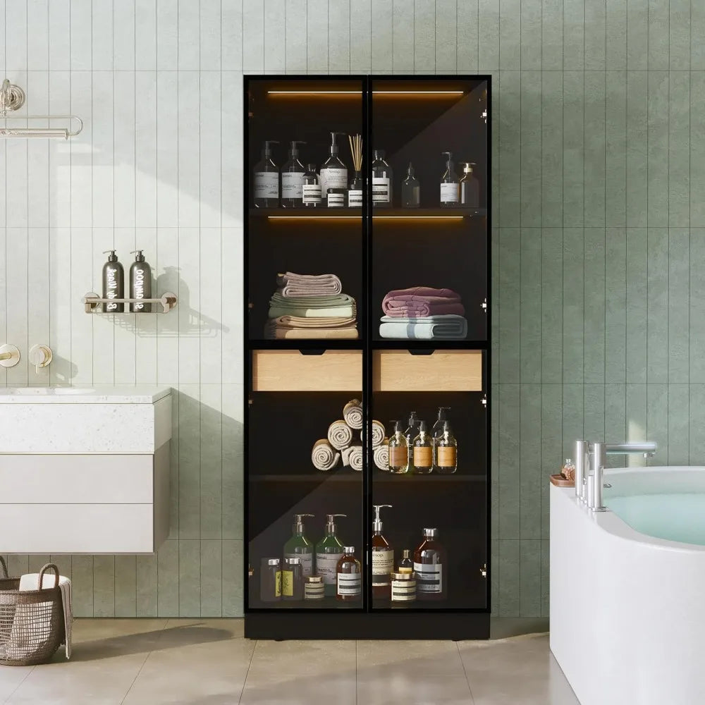 Display cabinet with glass doors tall storage 3 color lights curio case 4-tier shelves