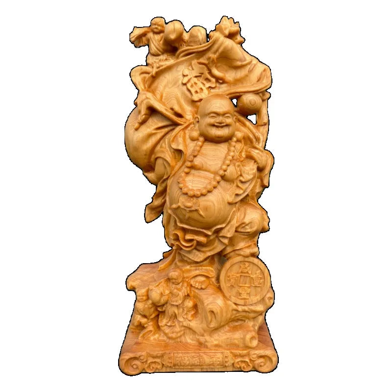 Hand carved cypress wooden happy buddha statue figurine - laughing maitreya big belly ornament prosperity fortune home