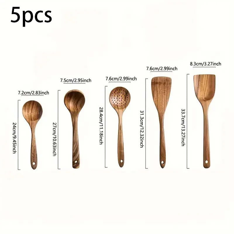 Teak wooden utensil set 5-piece - natural cooking spoons spatula slotted spoon salad server non-scratch eco-friendly