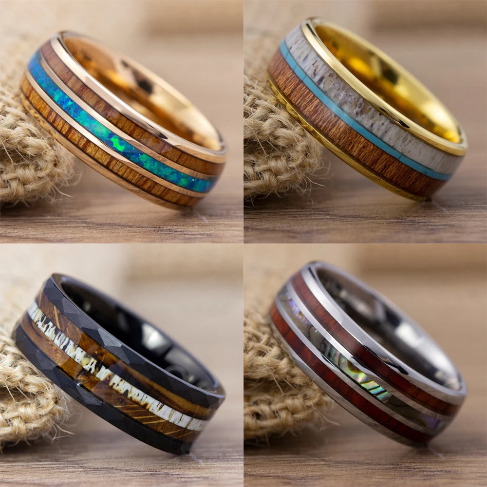 fashion-hammered-stainless-steel-rings-for-men-deer-antler-and-koa-wood-inlay-whiskey-barrel-rings-wedding-engagement-jewelry