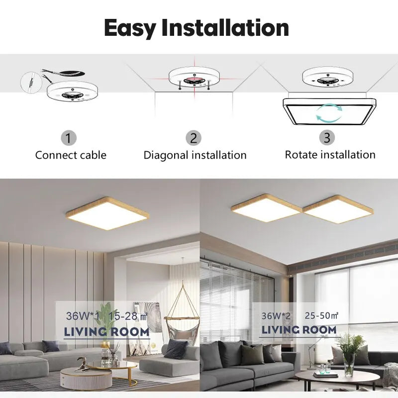 Tuya smart ceiling lamp 36w wood grain square design led light with alexa google voice control for home