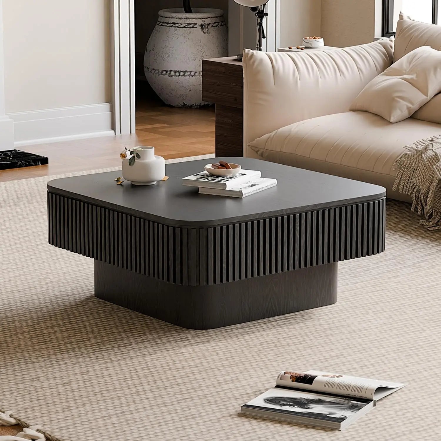 31.5’’ square coffee table with hidden storage,solid wood modern accent tea for living room bedroom,apartment - black