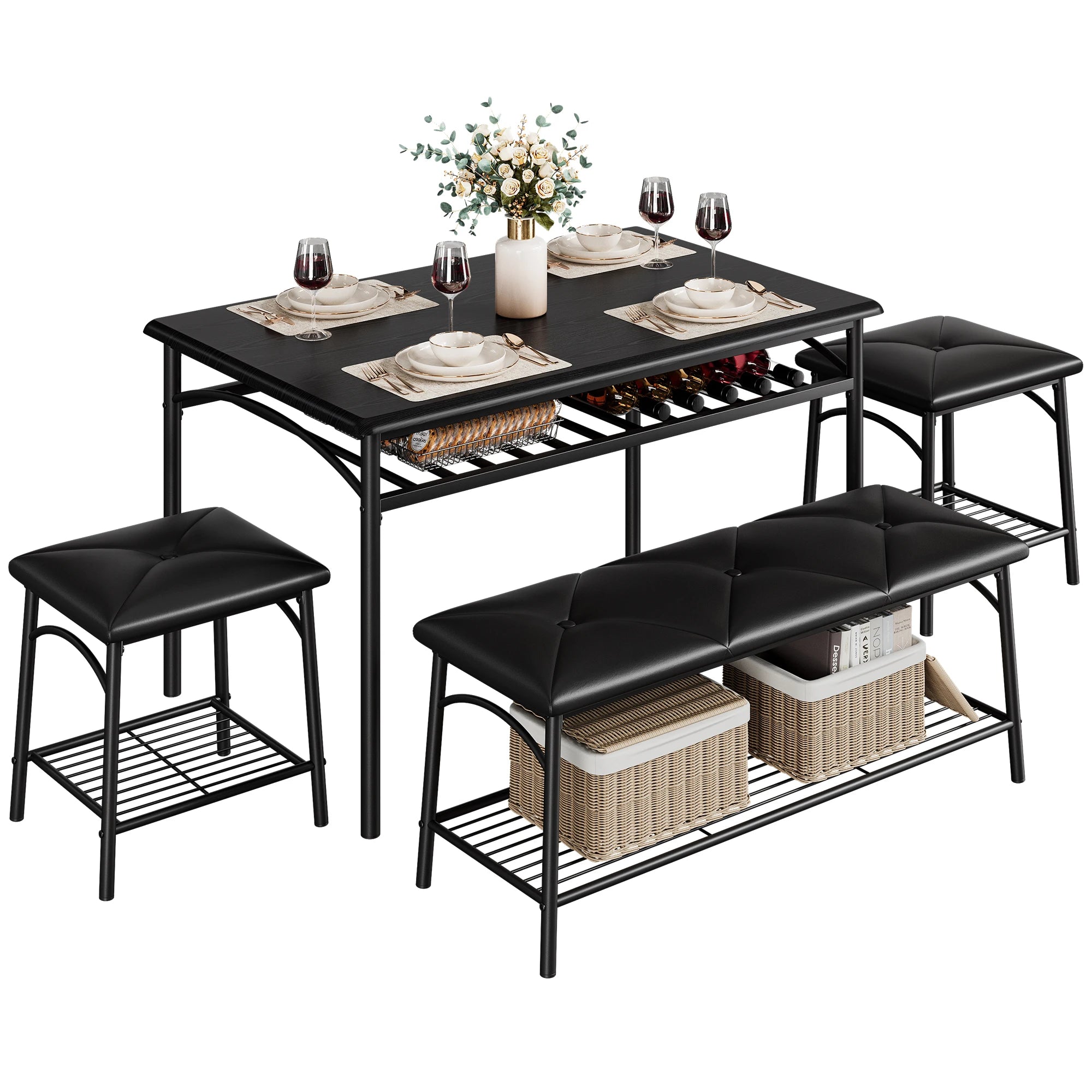 Dining table set for 4 kitchen with upholstered bench and square stools metal wood room - black set / united states