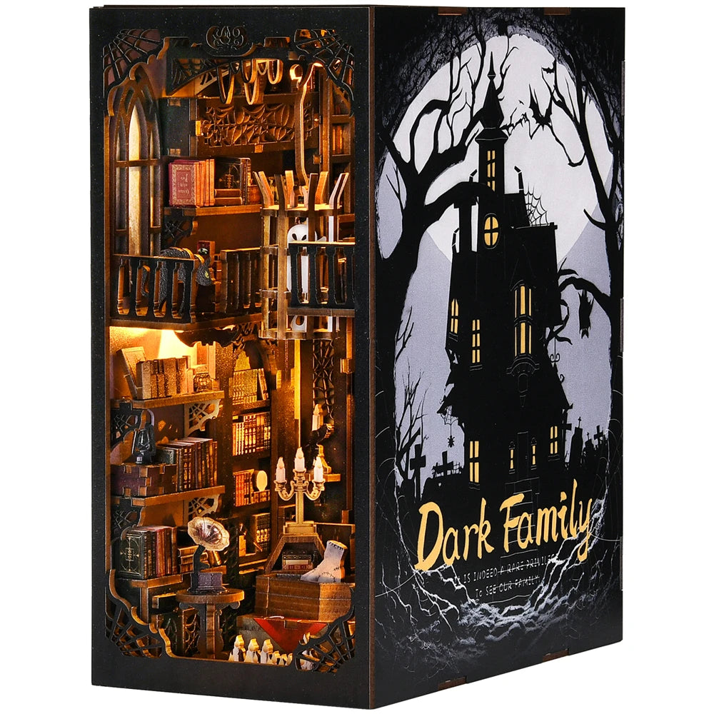 Book nook kit the dark family 3d wooden puzzle diy gothic style home decoration for bookshelf miniature insert magic