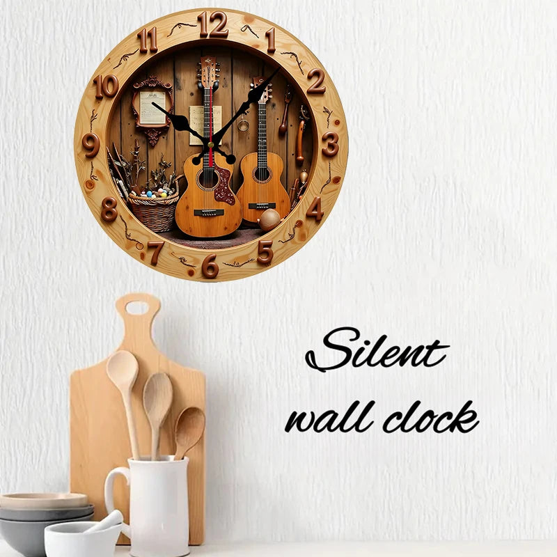 Guitar & music wooden round silent hanging wall clock suitable for living room office study bedroom home decoration
