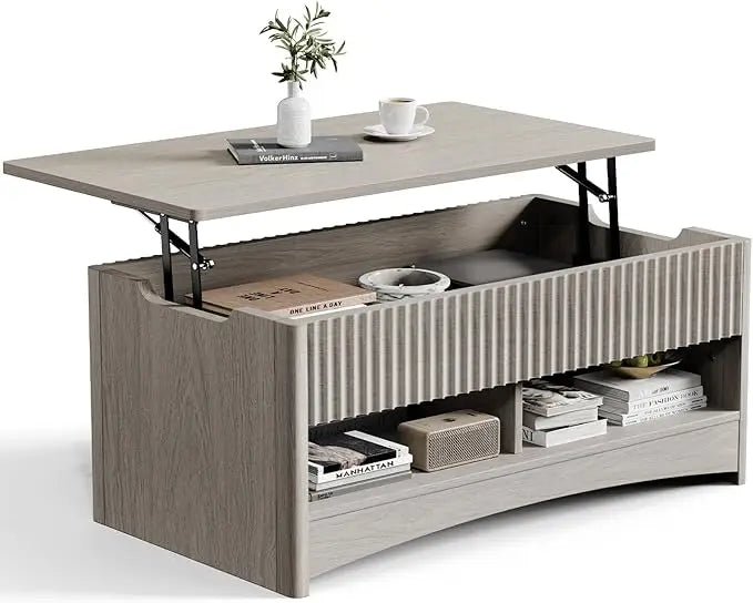Amada coffee table fluted lift top 35.2’’ wood with storage shelf & hidden compartment modern rectangle center
