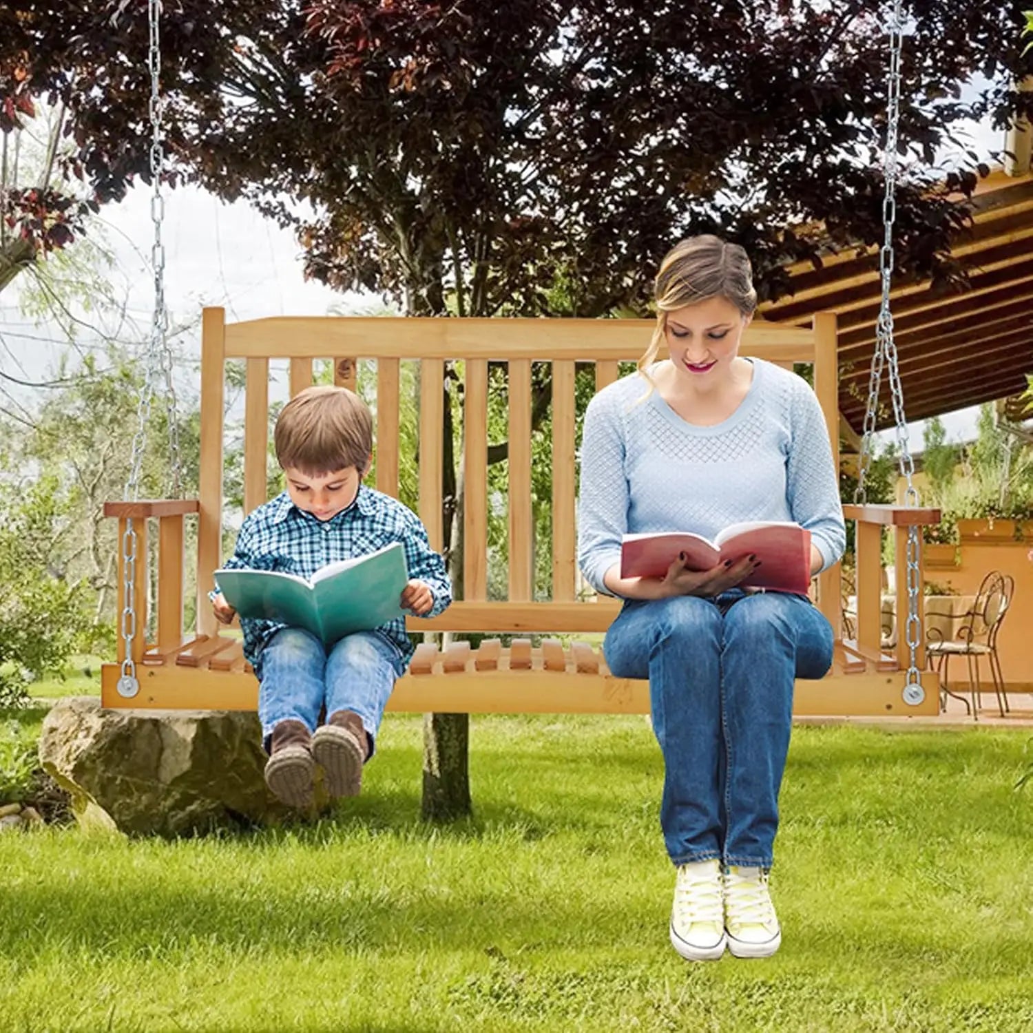 Outdoor wooden porch swing - heavy duty garden bench with adjustable chains ergonomic backrest - 45.7 / united states