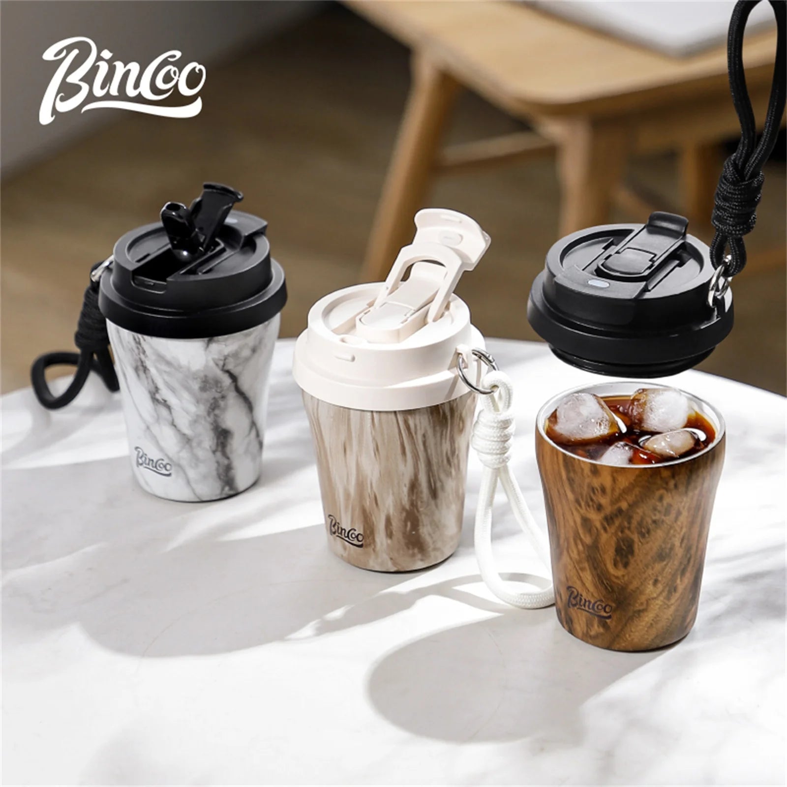 Bincoo 500ml wood grain pattern coffee thermal cup travel mug insulated vaccum portable 304 stainless steel thermos cups