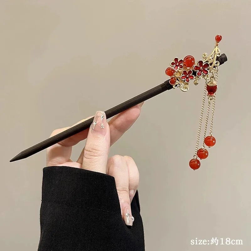 Red flower hairpin new chinese style wooden tassel hair stick ancient cheongsam hanfu women headwear
