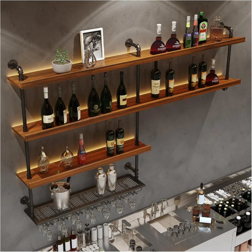 Solid wood wall mounted wine rack large with led light 4 tiers liquor bottles floating shelves glass holder in - united